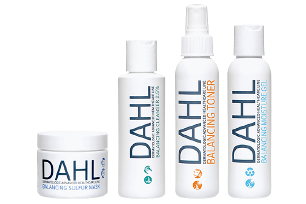 Ansiktstvätt, ansiktsvatten, ansiktsgel och ansiktsmask för fet hy från DAHL Skincare i vita plastförpackningar
