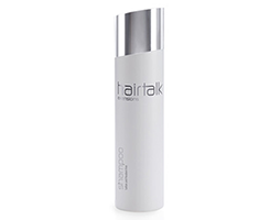 Hairtalk Shampoo – hårschampo i vit flaska med silverfärgad kork.